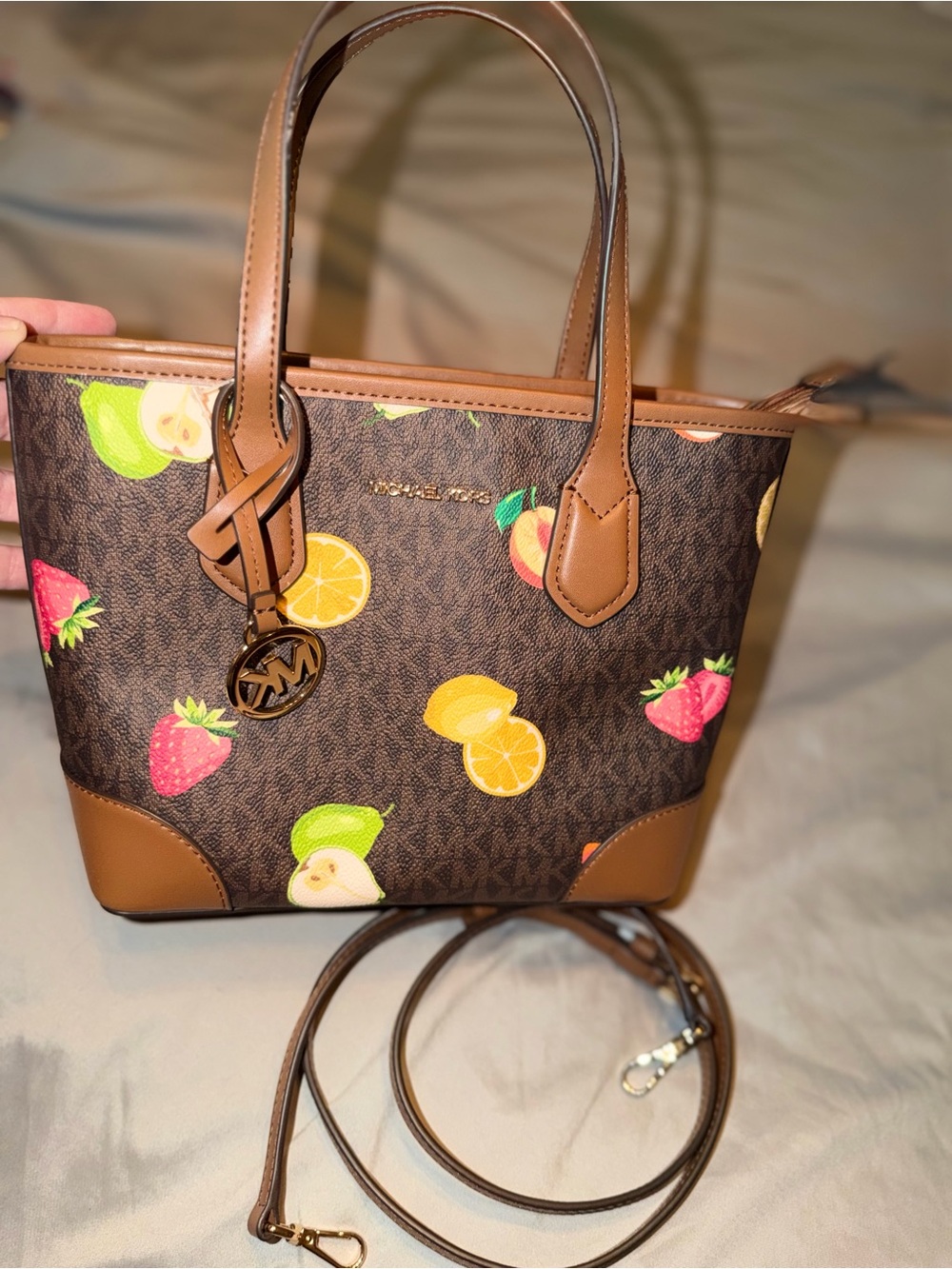 Michael Kors Brown Tote with Pink, Yellow & Green Fruit Motif